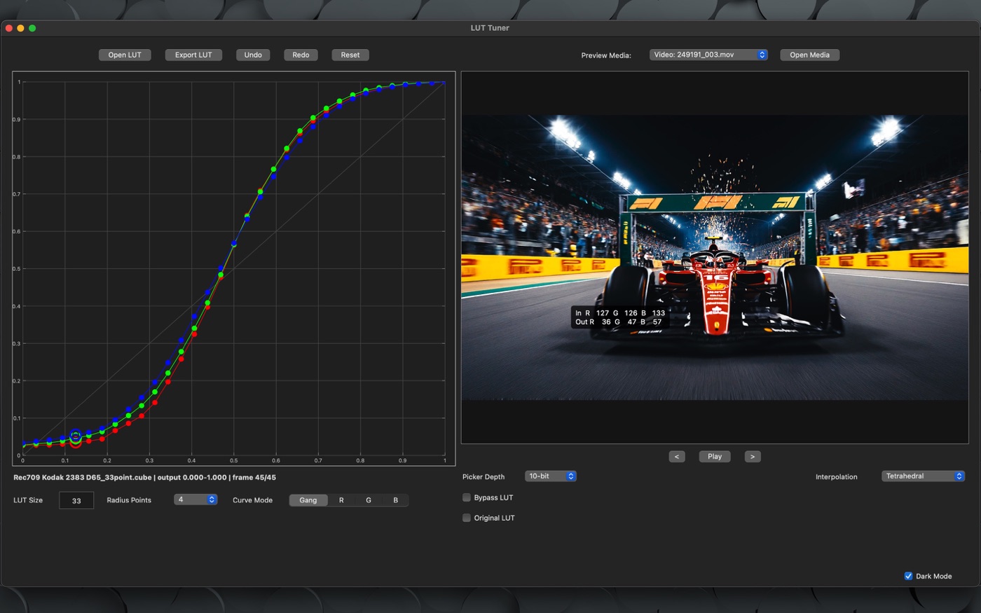 LUT Tuner showing editable RGB tone curves beside representative preview media