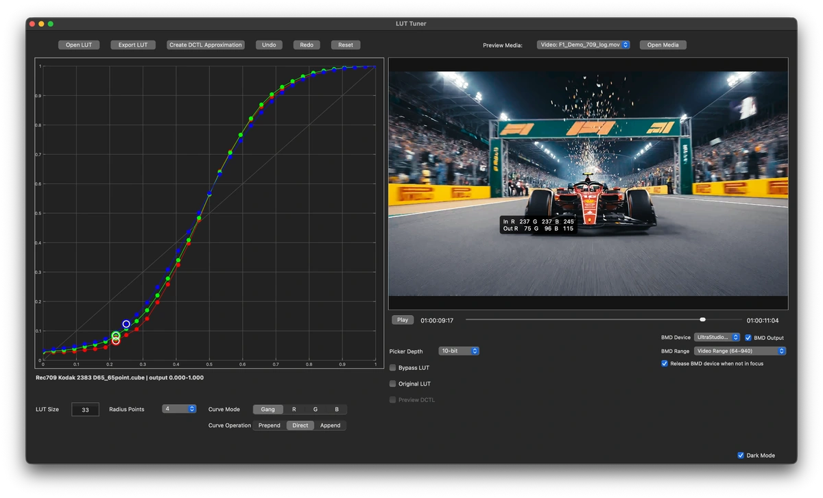 LUT Tuner interface showing a .cube LUT curve editor with video preview playback and Blackmagic monitoring controls on macOS