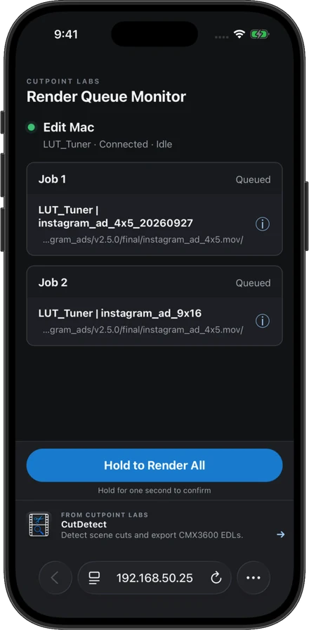 Render Queue Monitor showing queued Resolve render jobs on a phone