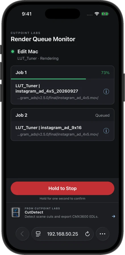 Render Queue Monitor showing an active Resolve render at 73 percent on a phone