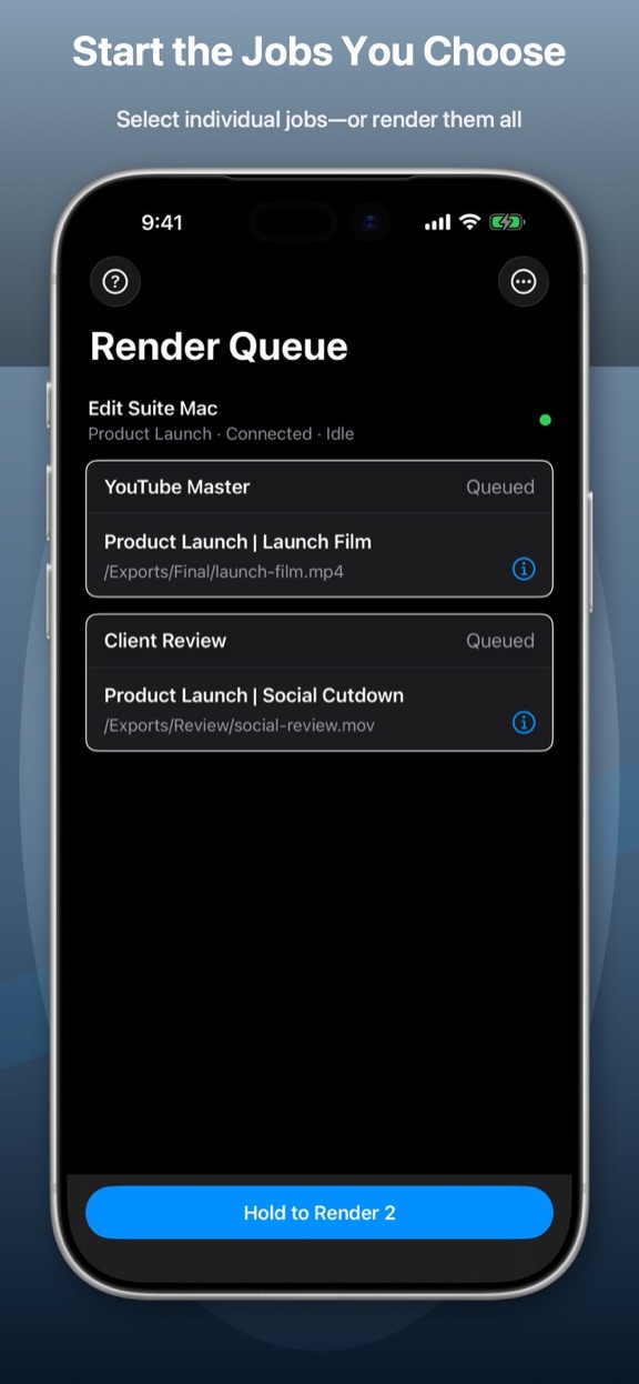Render Queue Monitor on iPhone showing selectable DaVinci Resolve render jobs for a connected edit workstation